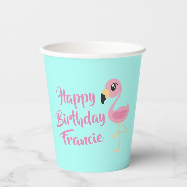 Pink Flamingo Tropical Cute 1st Birthday Paper Cups (Front)