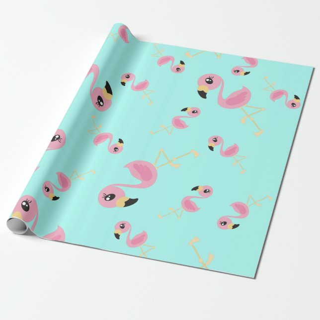 Pink Flamingo Tropical Cute 1st Birthday Wrapping Paper (Unrolled)