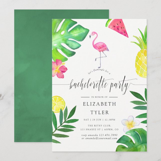 Pink Flamingo Tropical Exotic Bachelorette Party Invitation (Front/Back)