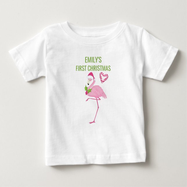 Pink Flamingo Tropical First Christmas Baby T-Shirt (Front)