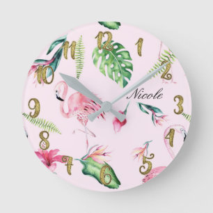 Pink Flamingo & Tropical Floral Leaves Custom Round Clock