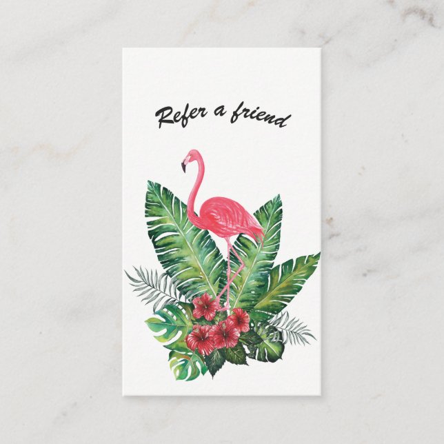 Pink Flamingo Tropical Floral Refer a Friend Referral Card (Front)