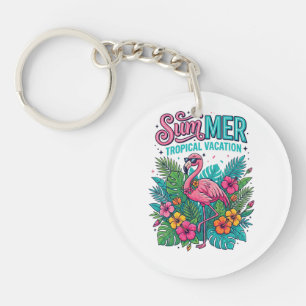 Pink Flamingo Tropical Floral - summer vacation Key Ring