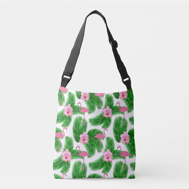 Pink Flamingo Tropical Floral Summer Vibes Crossbody Bag (Front)