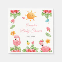 Pink Flamingo Tropical Flowers Baby Shower Napkins