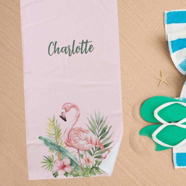 Pink flamingo tropical flowers beach towel (Creator Uploaded)