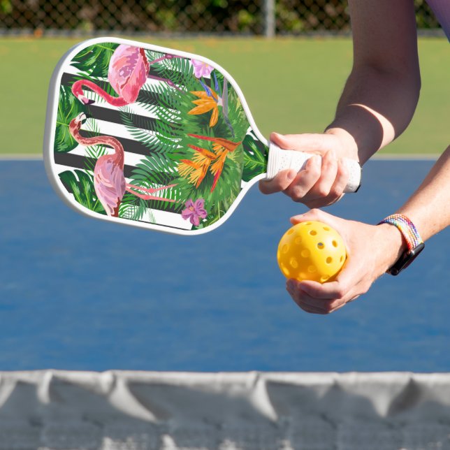 Pink Flamingo Tropical Flowers Black White Stripes Pickleball Paddle (Insitu)