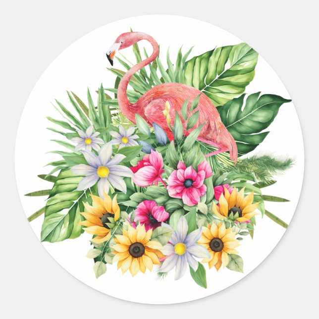 Pink Flamingo & Tropical Flowers  Classic Round Sticker (Front)