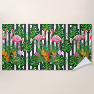 Pink Flamingo Tropical Flowers Dark Grunge Stripe Beach Towel