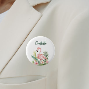 Pink flamingo tropical flowers name tag 6 cm round badge