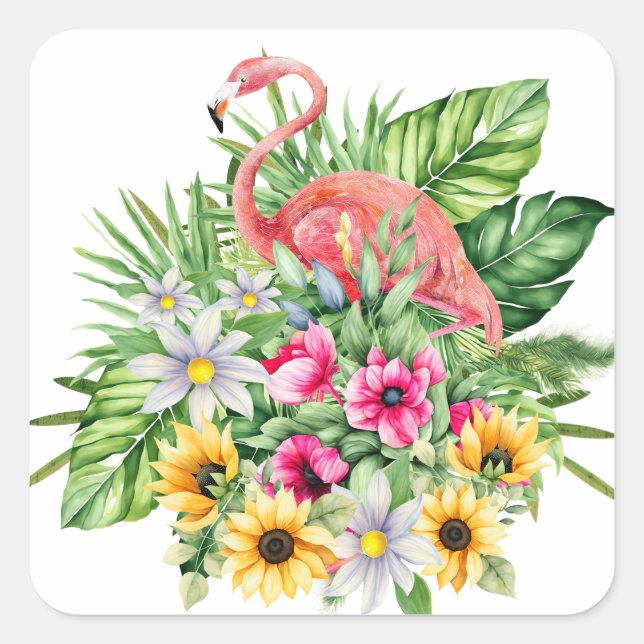 Pink Flamingo & Tropical Flowers  Square Sticker (Front)