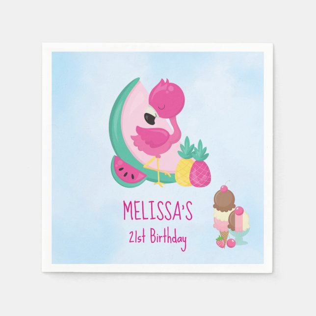 Pink Flamingo Tropical Fruit & Ice Cream Birthday Napkin (Front)