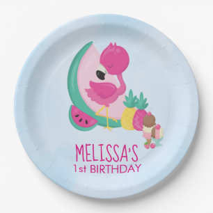 Pink Flamingo, Tropical Fruits & ice Cream Party Paper Plate