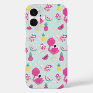 Pink Flamingo & Tropical Fruits Pattern iPhone 16 Case