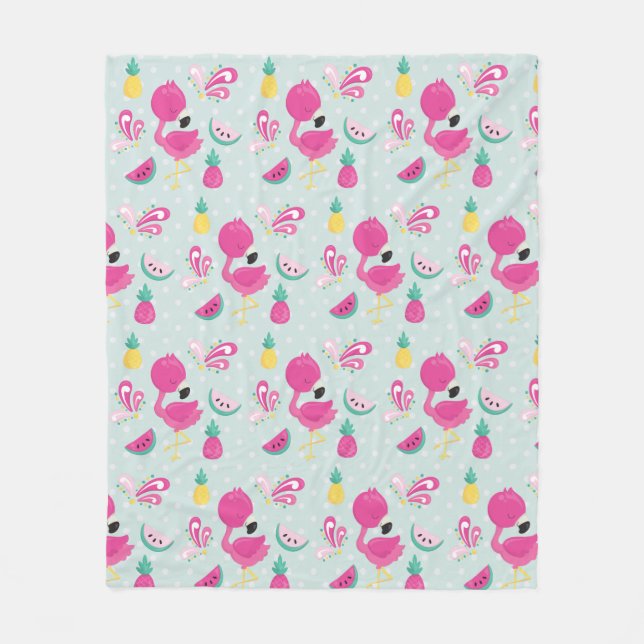 Pink Flamingo & Tropical Fruits Pattern Fleece Blanket (Front)