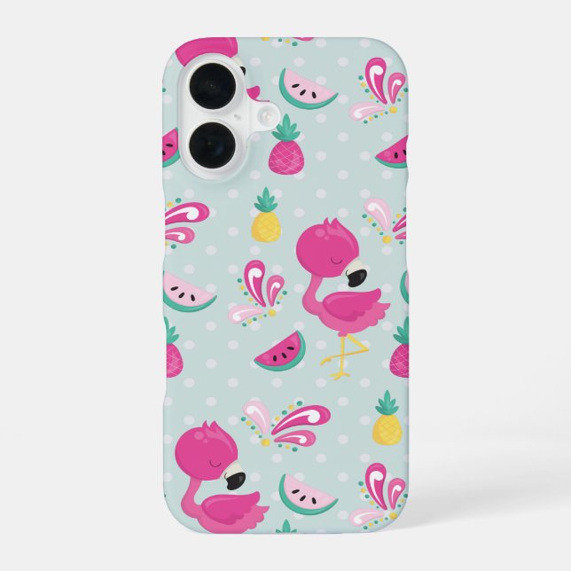Pink Flamingo & Tropical Fruits Pattern iPhone 16 Case (Back)