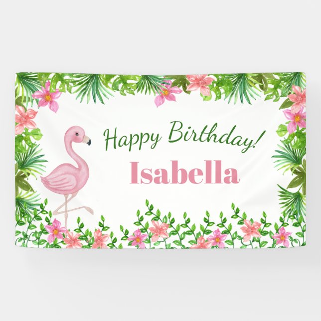 Pink Flamingo Tropical Girl's Birthday Party Banner (Horizontal)