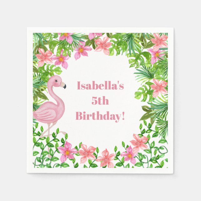 Pink Flamingo Tropical Girls Birthday Party Napkin (Front)