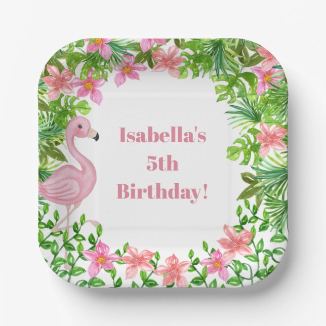 Pink Flamingo Tropical Girls Birthday Party Paper Plate (Front)
