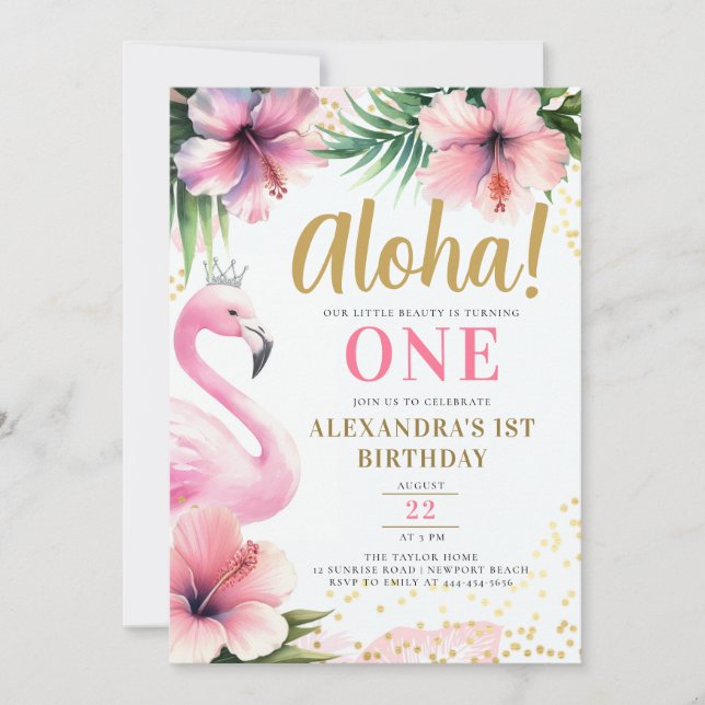 Pink Flamingo Tropical Gold Aloha 1st Birthday Invitation (Front)