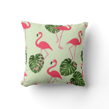 Pink Flamingo Tropical Green Leaf Pillow