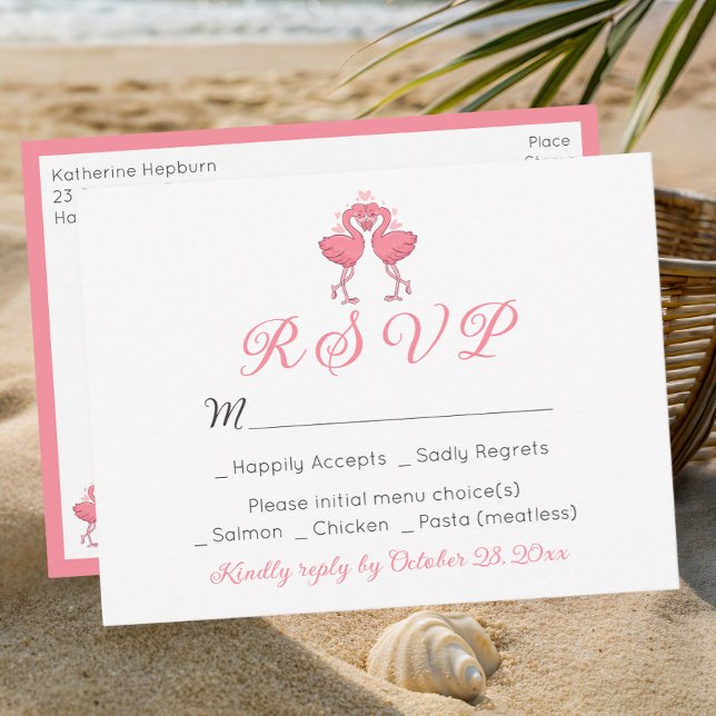 Pink Flamingo Tropical Hawaiian Beach Wedding RSVP Postcard (Creator Uploaded)