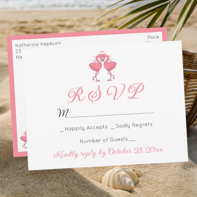 Pink Flamingo Tropical Hawaiian Beach Wedding RSVP Postcard (Creator Uploaded)