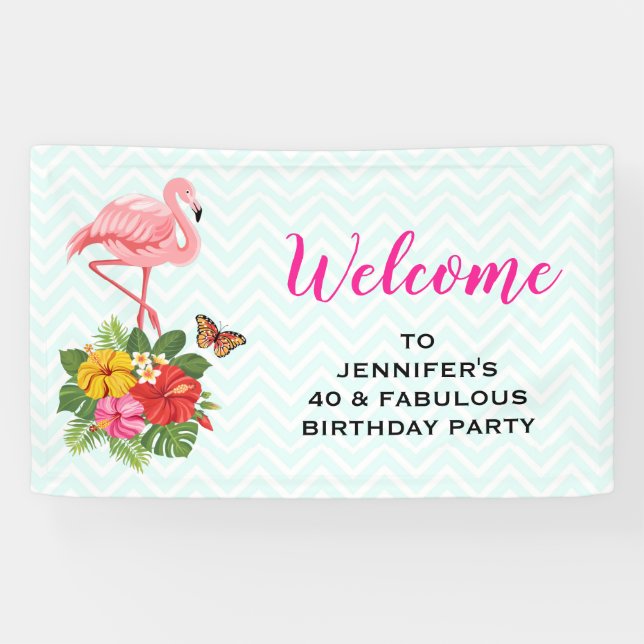Pink Flamingo & Tropical Hibiscus Fancy Birthday Banner (Horizontal)