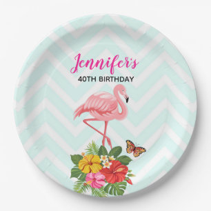 Pink Flamingo & Tropical Hibiscus Fancy Birthday Paper Plate