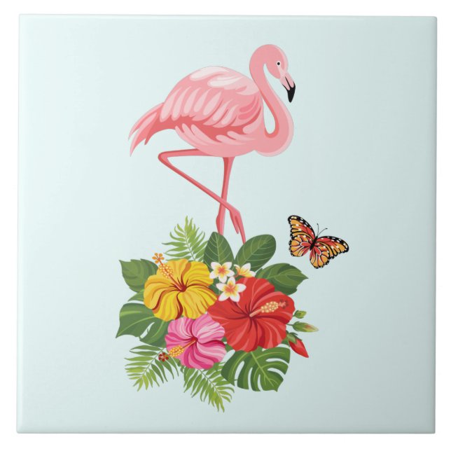 Pink Flamingo & Tropical Hibiscus Fancy Ceramic Tile (Front)