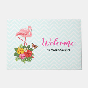Pink Flamingo & Tropical Hibiscus Fancy Doormat