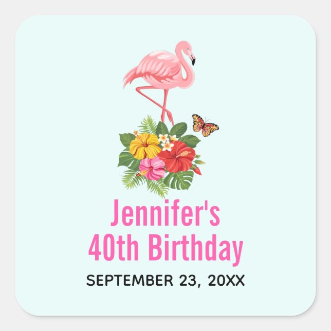 Pink Flamingo & Tropical Hibiscus Fancy Event Square Sticker (Front)