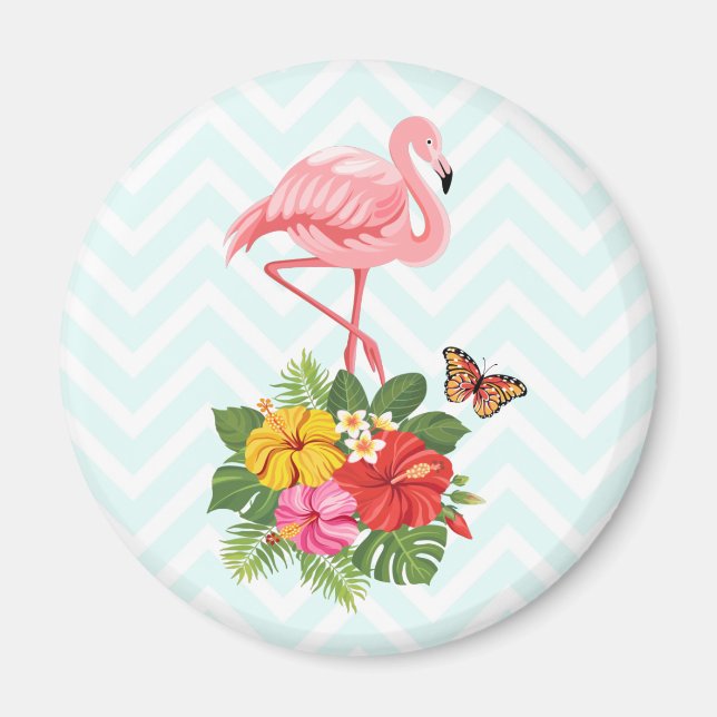 Pink Flamingo & Tropical Hibiscus Fancy Magnet (Front)