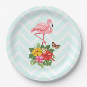 Pink Flamingo & Tropical Hibiscus Fancy Paper Plate