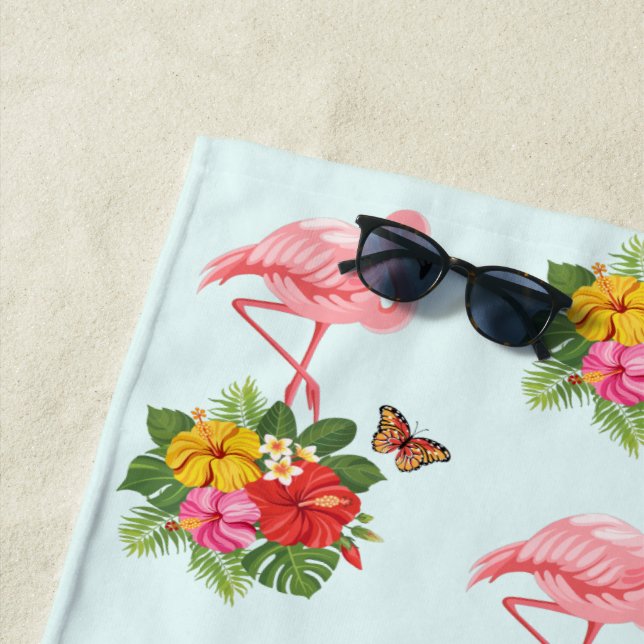 Pink Flamingo & Tropical Hibiscus Fancy Pattern Beach Towel (In Situ)