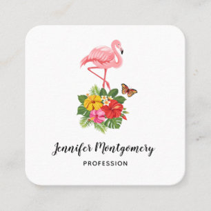Pink Flamingo & Tropical Hibiscus Fancy Square Business Card