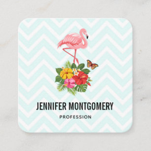 Pink Flamingo & Tropical Hibiscus Fancy Square Business Card