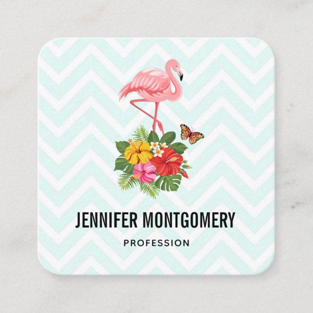 Pink Flamingo & Tropical Hibiscus Fancy Square Business Card (Front)