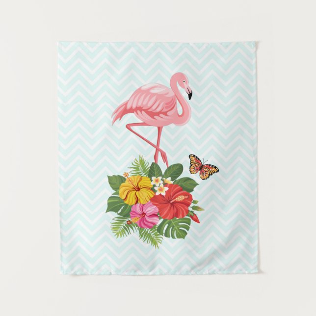 Pink Flamingo & Tropical Hibiscus Fancy Tapestry (Front)