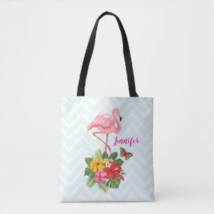 Pink Flamingo & Tropical Hibiscus Fancy Tote Bag