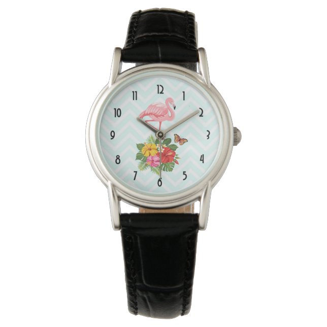 Pink Flamingo & Tropical Hibiscus Fancy Watch (Front)