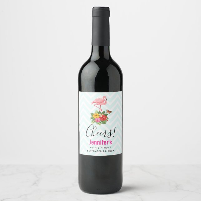 Pink Flamingo & Tropical Hibiscus Fancy Wine Label (Front)