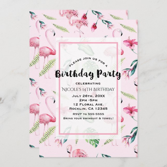 Pink Flamingo Tropical Hibiscus Floral Birthday Invitation (Front/Back)