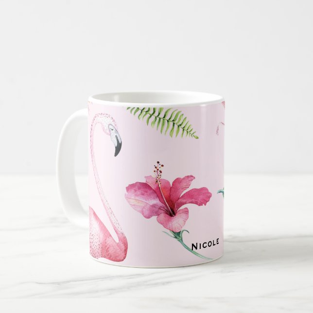 Pink Flamingo Tropical Hibiscus Floral Fun Coffee Mug (Front Left)