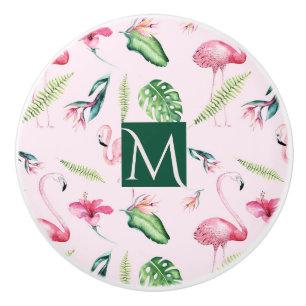 Pink Flamingo Tropical Hibiscus Floral Fun Custom Ceramic Knob