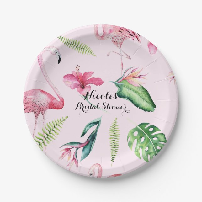 Pink Flamingo Tropical Hibiscus Floral Fun Party Paper Plate (Front)