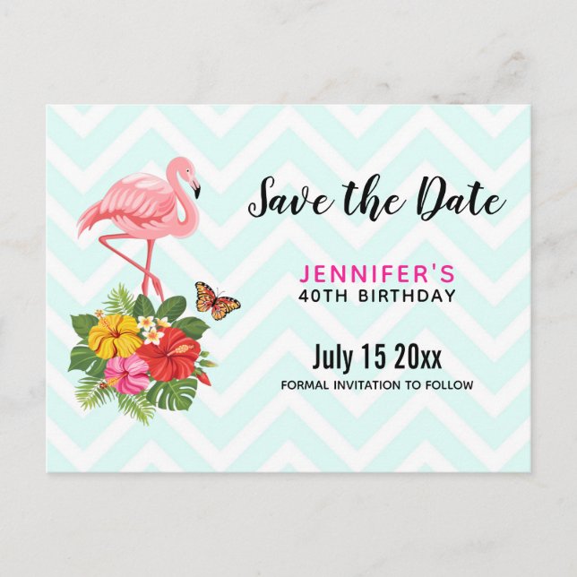 Pink Flamingo & Tropical Hibiscus Save the Date Invitation Postcard (Front)