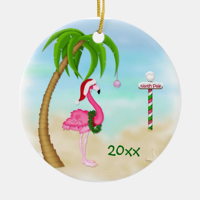 Pink Flamingo Tropical Holiday Ceramic Ornament (Front)
