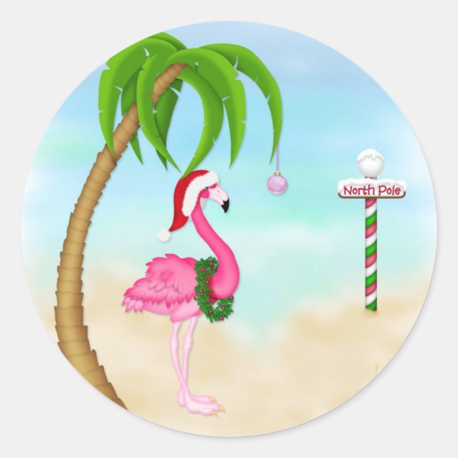 Pink Flamingo Tropical Holiday Classic Round Sticker (Front)