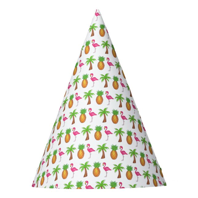 Pink Flamingo Tropical Island Palm Tree Pineapple Party Hat (Front)
